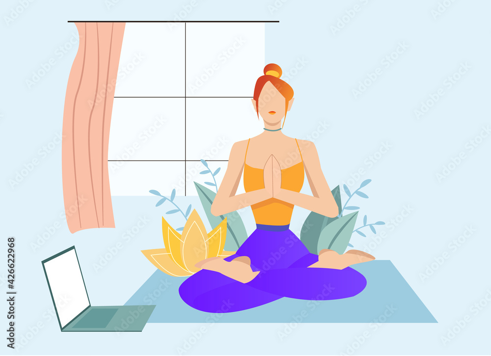 Obraz premium Online yoga with instructor at home. Girl in asana doing physical exercises and watching online yoga classes on laptop. Lotus pose and meditating. Banner vector illustration.
