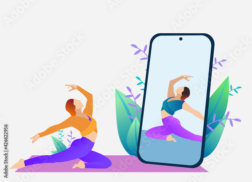 Online yoga with instructor at home.  Girl in asana doing physical exercises and watching online yoga classes on phone display, banner vector illustration.