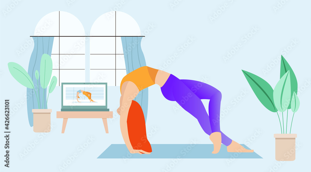 Yoga online concept. Yoga wheel bridge pose, girl is doing physical exercises and watching online classes on laptop. Online yoga with instructor at home. Editable vector illustration