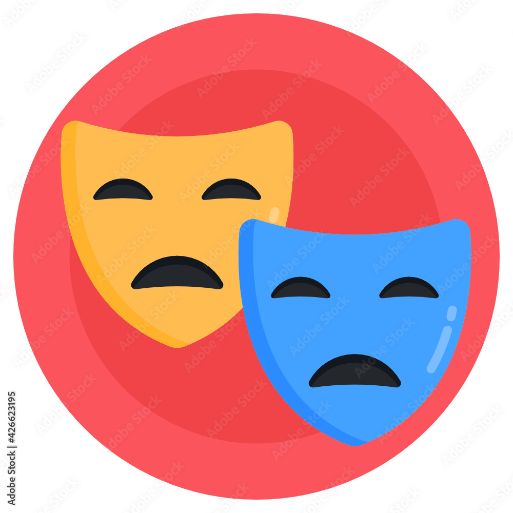 Sad and happy masks icon, flat rounded design of theater masks
Sad and happy masks icon, flat rounded design of theater masks
