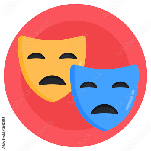 
Sad and happy masks icon, flat rounded design of theater masks 

