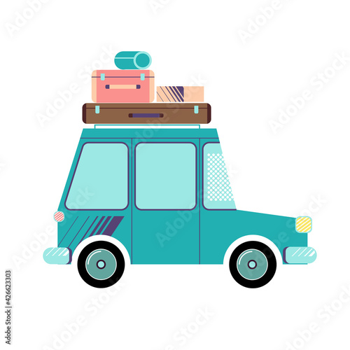 Flat illustration blue vacation car with luggage isolated on white.
