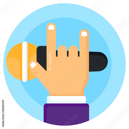 
Hand holding microphone, flat rounded icon of singing mic 

