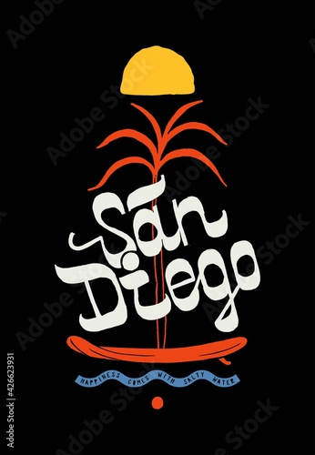 Photography San Diego surfing t-shirt print with a palm tree on a surfboard and a sunset