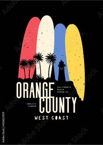 Orange County surfing t-shirt print with longboards and lighthouse on the cliff and palm trees vintage typography t-shirt print.