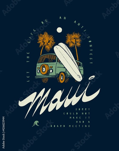 Maui Surfing bus t-shirt print with palm trees and surfboards. Vintage typography summer sports vector illustration.