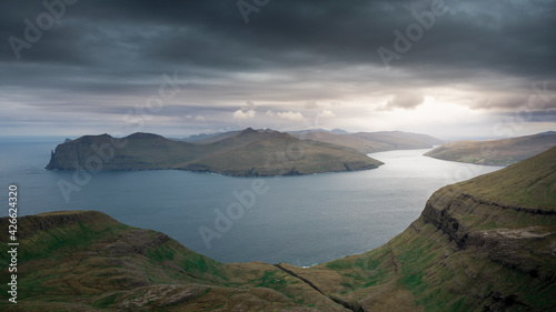 Panorama of Streymoy and Vagar islands with clouds at sunset, Faroe Islands, from the viewpoint at the Sornfelli Observatory..