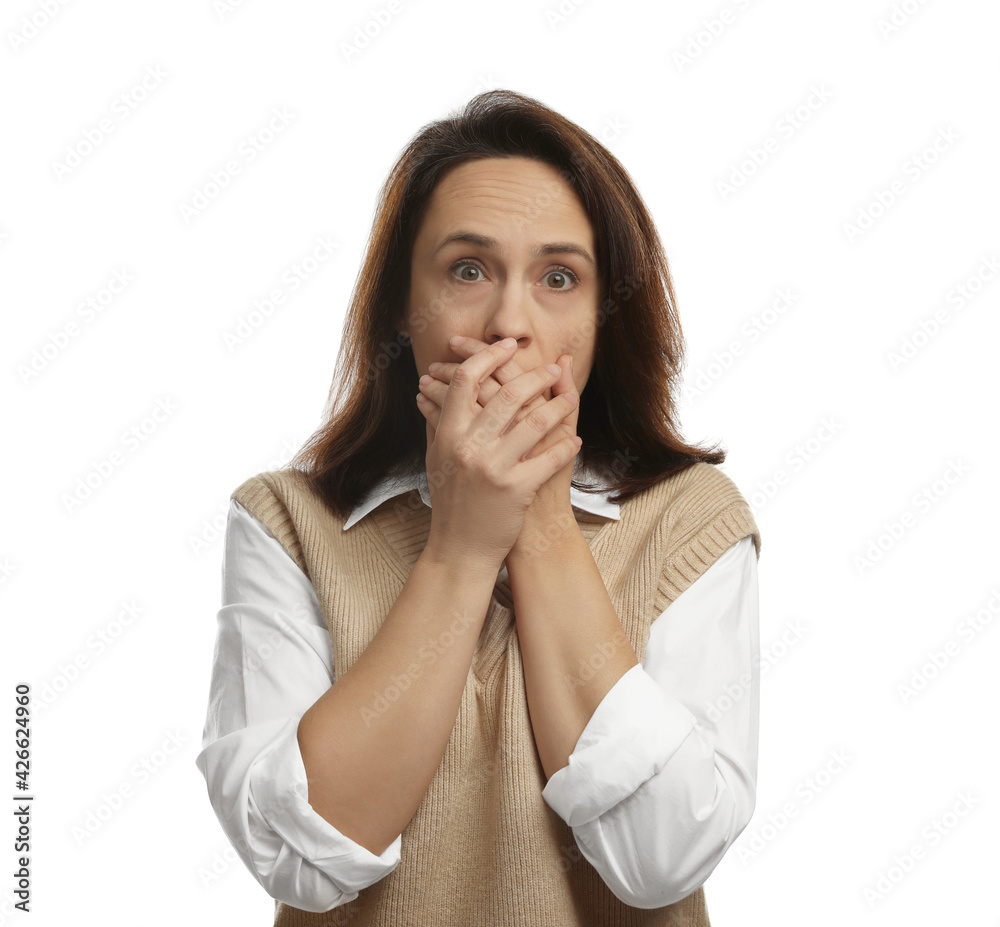 Mature woman feeling fear on white background Mature woman feeling fear on white background