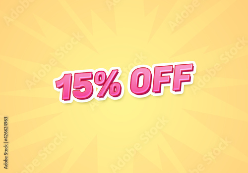 15 percent off discount word concept. 15 percent off discount on yellow background. use for cover, banner, blog.