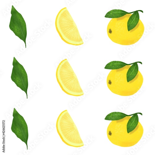 a bitmap image of yellow lemons, lemon slices and leaves on a white background, set. a bright juicy image. Digital imitation of a pencil. Design for wallpaper, fabrics, textiles. 