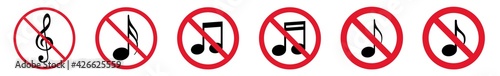 Prohibition Sign Music Notes Forbidden Icon Set | Sound Tone Music Prohibition Signs Prohibited Vector Illustration Logo | Music Notes Prohibition Sign Isolated Collection