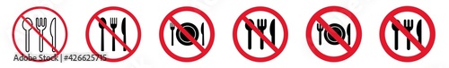 Prohibition Sign Eat Meal Lunch Forbidden Icon Set | Cutlery Fork Knife Spoon Plate Prohibition Signs Prohibited Vector Illustration Logo | Dining Eating Prohibition Sign Isolated Collection