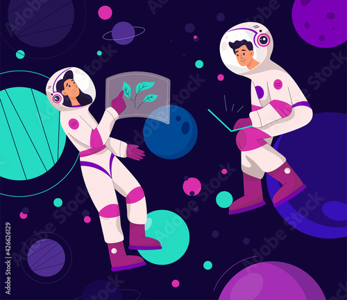 Man and woman astronauts flying in abstract neon background