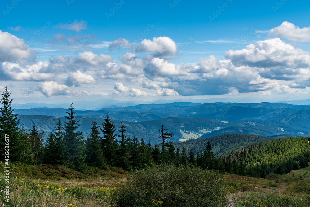 View from Lysa hora hill in Moravskoslezske Beskydy mountains in Czech republic