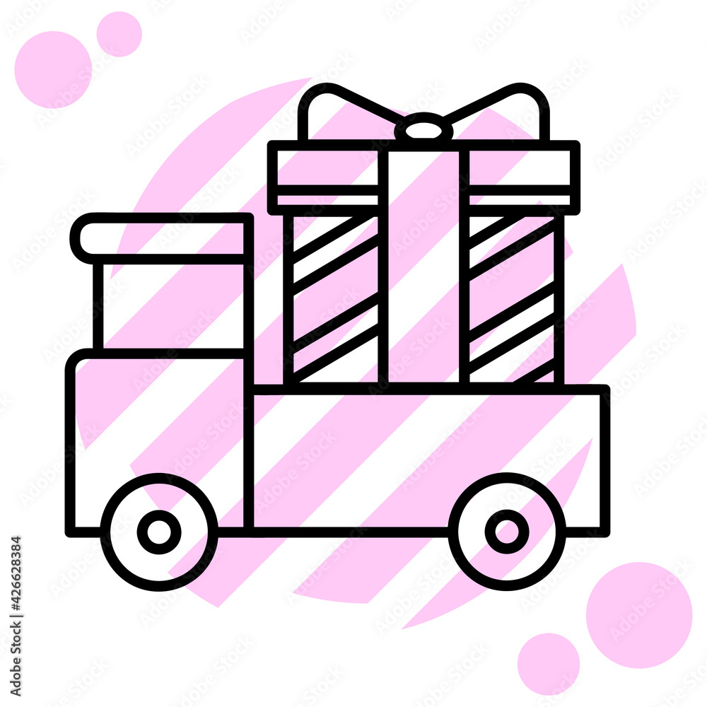 Square Gift box in the trailer icon. Parcel with ribbon bow. simple flat illustration. Vector isolated on white background eps10 Square Gift box in the trailer icon. Parcel with ribbon bow. simple flat illustration. Vector isolated on white background eps10
