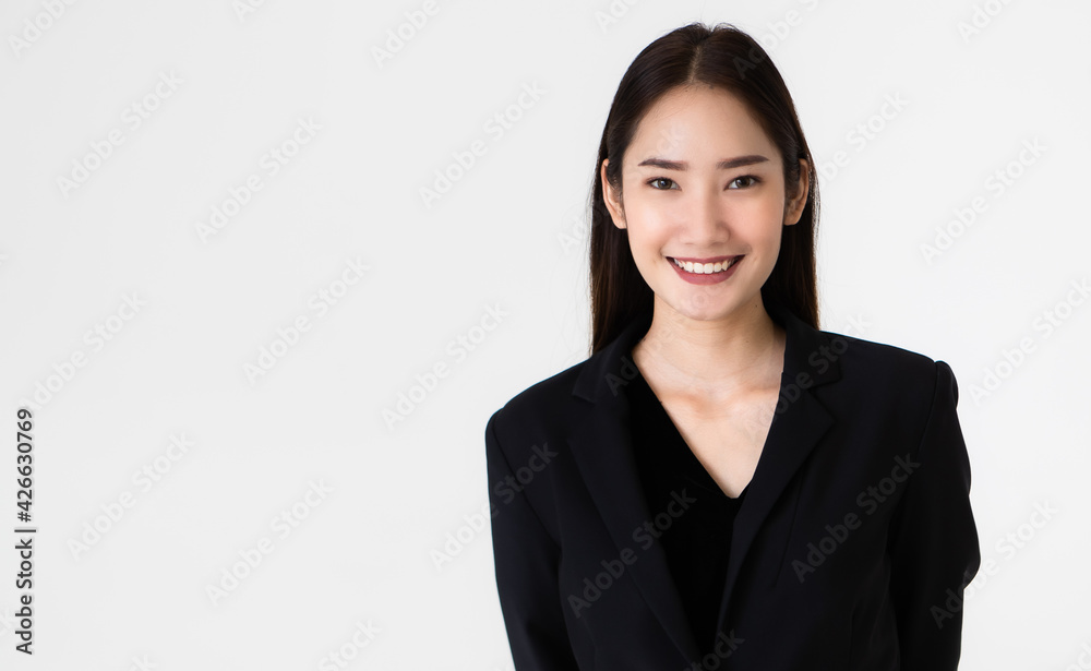 Young and cute beautiful black long hair woman pose with self-confidence on white background Young and cute beautiful black long hair woman pose with self-confidence on white background