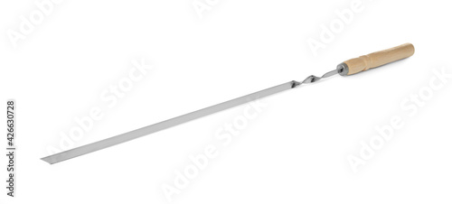 Metal skewer with wooden handle isolated on white