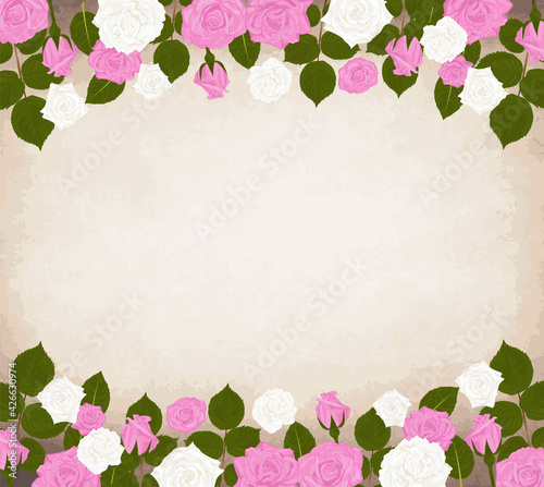 Floral vector frame decorated in pink and white roses and leaves isolated and with textspace.