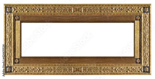 Panoramic gothic golden frame for paintings, mirrors or photo isolated on white background. Design element with clipping path © Elena