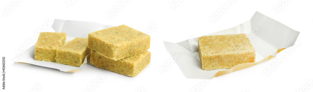 Set with bouillon cubes on white background. Banner design