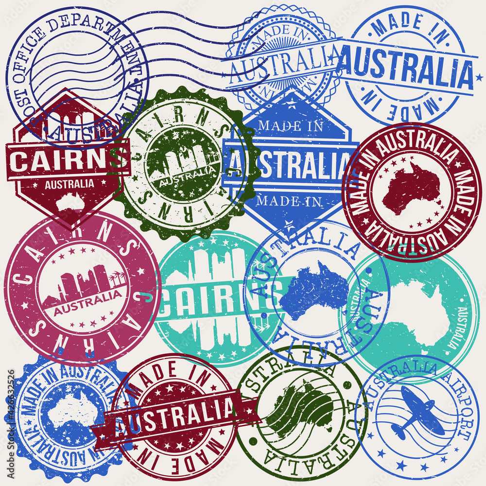 Cairns Australia Set of Stamps. Travel Stamp. Made In Product. Design Seals Old Style Insignia.