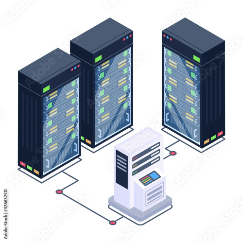 
A server room icon in isometric design, premium download 

