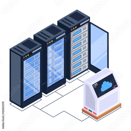 
A server room icon in isometric design, premium download 

