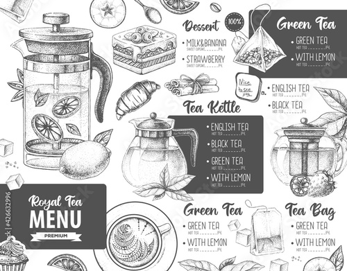Hand drawing artistic Restaurant Royal Tea menu design. Decorative sketch of teapot. Vintage style