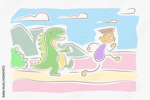 kids drawing style boy running from dinosaur