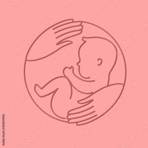 Paper cut style. Logotype with human embryo and caring hands. Baby in the womb. Stylish logo for a prenatal or reproductive clinic, pregnancy brochure, surrogacy agency. Round frame, elegant line icon