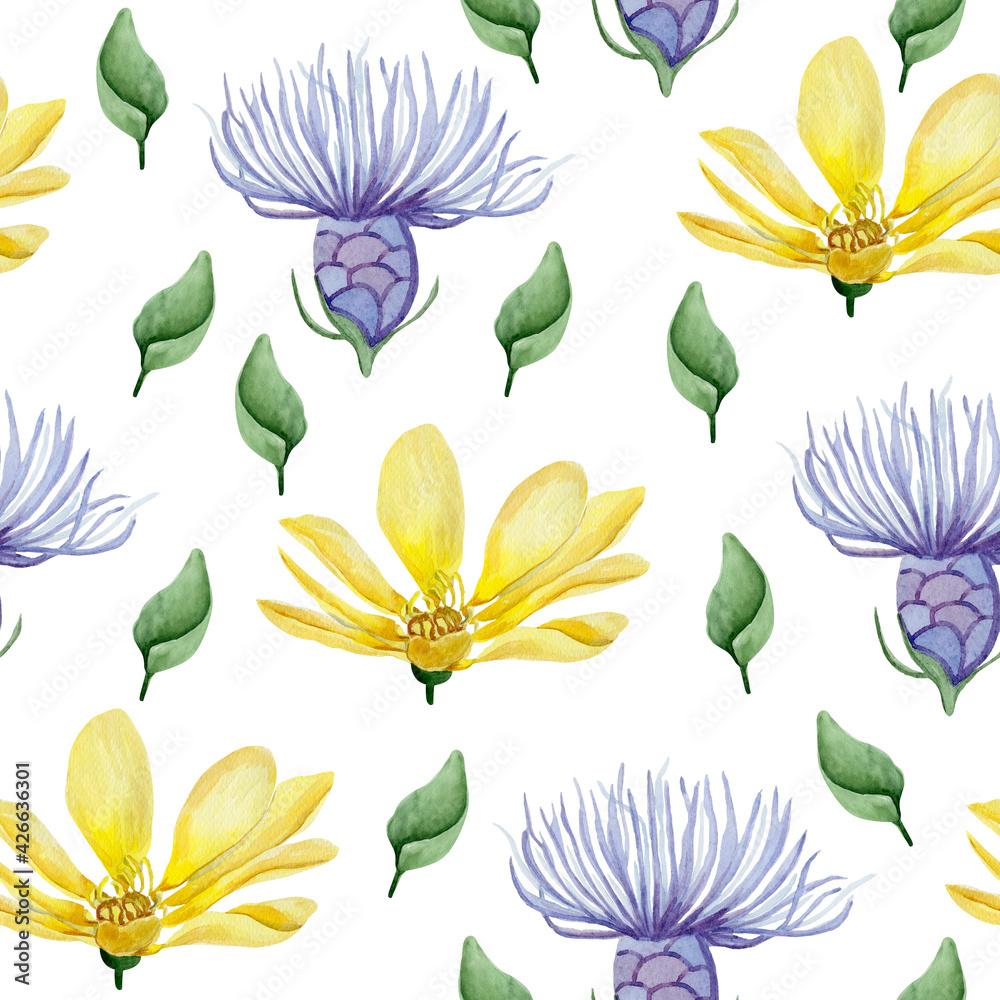 Meadow yellow lilies and cornflowers flowers watercolor seamless pattern. Template for decorating designs and illustrations.
