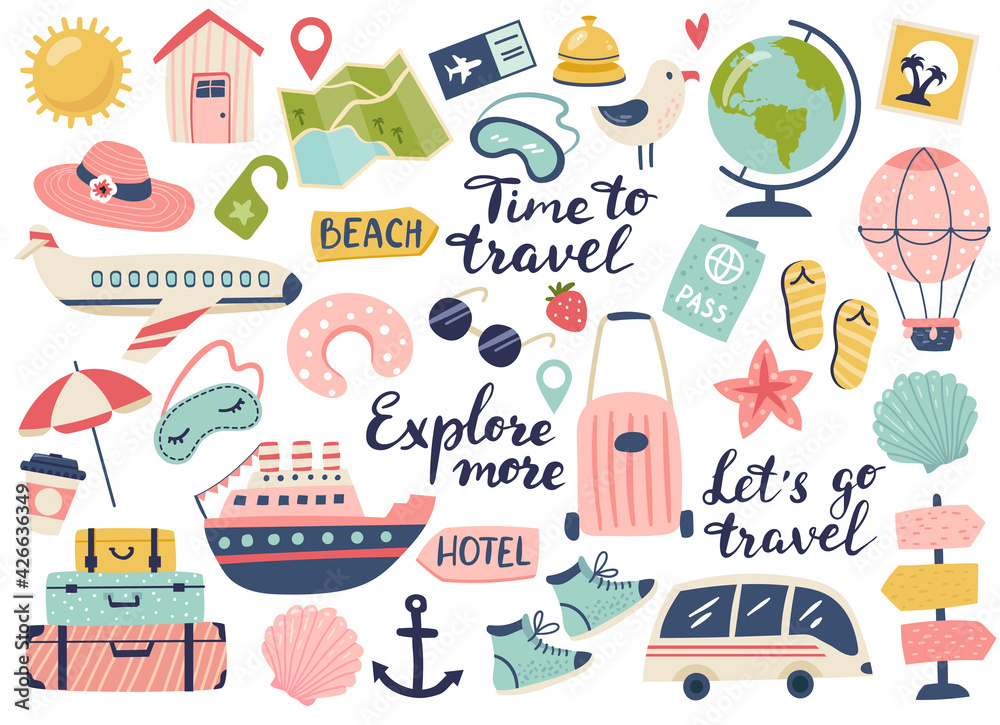 Travel and adventure tourism, travel abroad, summer vacation trip set. Hand  drawn vector illustration. Perfect for sticker kit, scrapbooking, poster,  tags Stock Vector