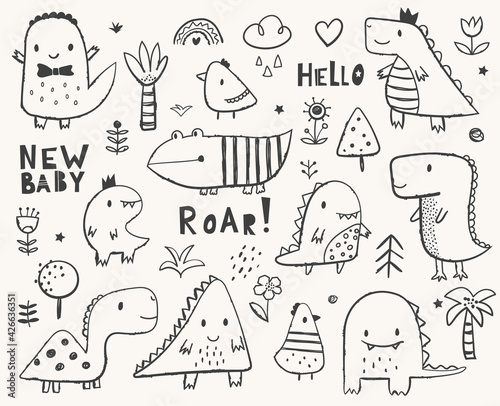 Cute monsters, dinosaur set, baby shower design elements. Perfect for children coloring books or t-shirts print. Hand drawn vector illustration, Scandinavian style