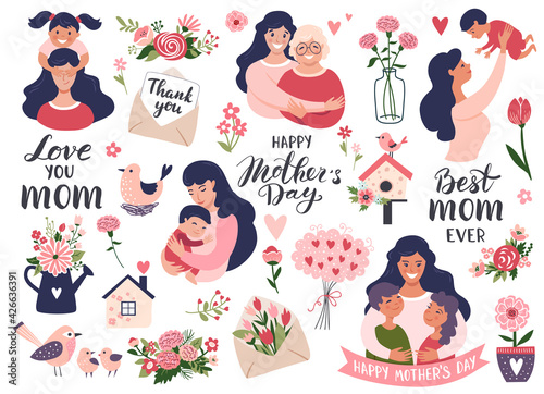 Mothers day set with mom and daughter, calligraphy text, carnation flowers. Hand drawn vector illustration.