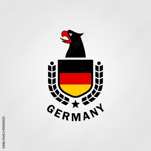 Colored illustration of eagle head, shield, flag, wreath and text on the background. Vector illustration in vintage style for emblem, poster, print, badge and label. Heraldry of Germany.