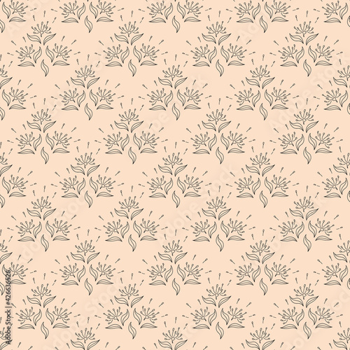 Seamless pattern with black  flowers and leaves on a beige background. Suitable for fabric, wrapping paper, wallpaper, bags, clothes, dishes, cases on smartphones and tablets, wallets.