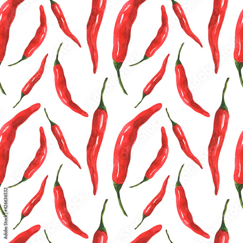 Hot chili peppers. Red bell pepper on a white background. Seamless watercolor print with vegetables.
