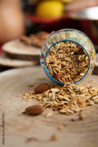 Homemade granola with milk for breakfast with oats and almond. 