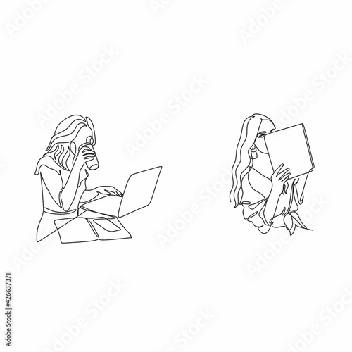 One continuous line drawing of young serious female worker sitting pensively while watching laptop screen at work desk. Business analyze concept. Single line draw graphic design vector illustration