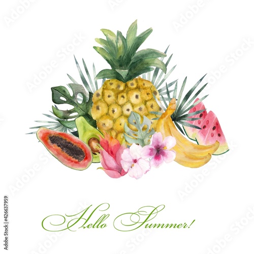 Watercolor illustration. Composition of tropical fruits, plants and hibiscus flowers. Tropical fruits image