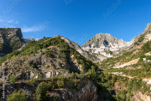 Landscape view of the famous white Carrara marble quarries on the Apuan Alps. Massa and Carrara province, Tuscany, Italy, Europe.