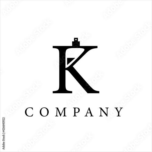 perfume bottle in letter K, negative space, black minimalist logo