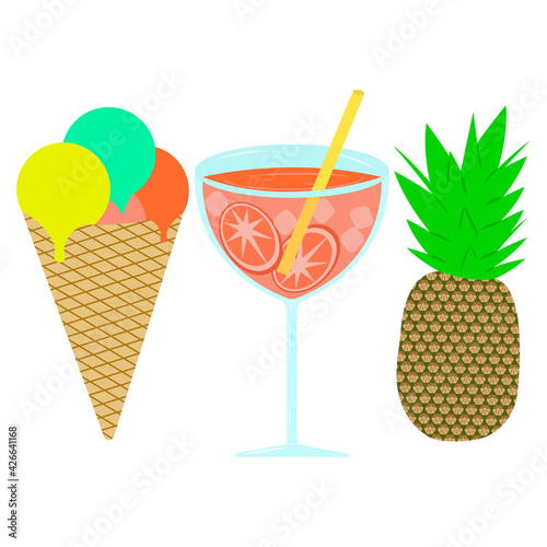 set of sweets: ice cream with balls in a waffle cone, cocktail with orange and a straw on a long leg, and pineapple with green foliage. isolated on white background