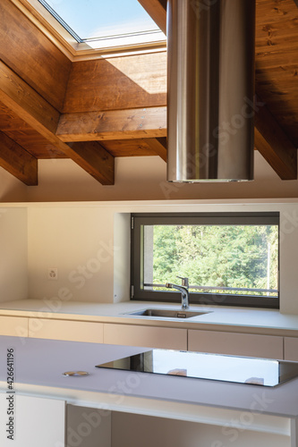 Fototapeta Naklejka Na Ścianę i Meble -  Detail of steel hood, induction stove and small window overlooking nature