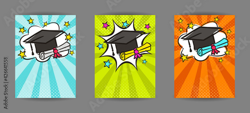 Bright pop art banner for Graduation with cap, scroll and stars. Cartoon text frame on a ray background. Comic educate Template for web design, banners, cards, coupons and posters. Vector illustration