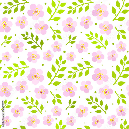 Seamless pattern of blooming cherry flowers and green twigs. Background of hand drawn pink flowers and green leaves. Spring Vector illustration.