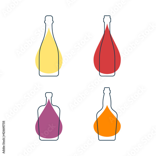 Modern abstract illustration with bottles champagne red wine liquor whiskey and color blobs. Linear outline sign. Logo icon on white backdrop. Contour symbol for decoration design. Simplicity concept