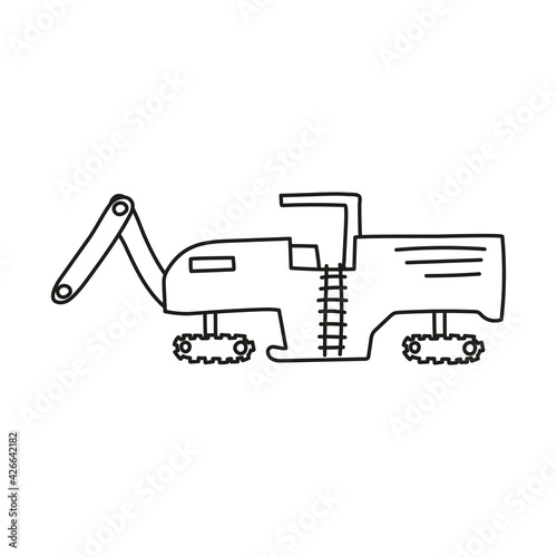 Hand drawn doodle construction machinery for coloring children book. Simple line  2 - 4 age group. Big mashines  lorry  havy vehicle transport