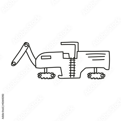 Hand drawn doodle construction machinery for coloring children book. Simple line, 2 - 4 age group. Big mashines, lorry, havy vehicle transport
