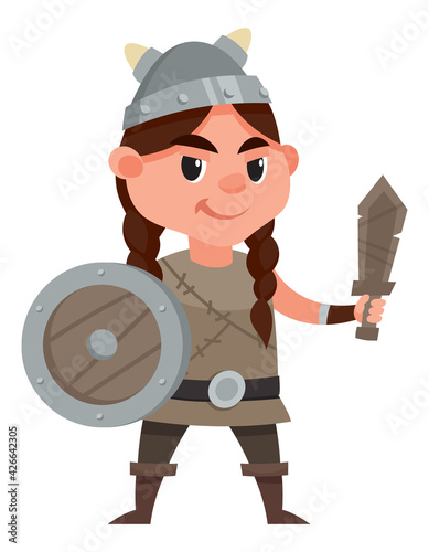 Viking child holding toy sword and shield. Smiling girl in cartoon style.